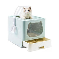 Produktbild von RAIKOU Haubentoilette für Katzen XXL aus Kunststoff mit Schubladenprinzip und Schaufel in Grau Blau