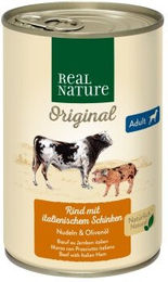 Produktbild von REAL NATURE Hund Nassfutter Adult Rind mit Schwein ohne Farb-, Aroma- oder Konservierungsstoffe und ohne Zucker 24x400 g - 24 x 400 g
