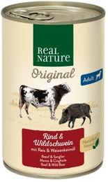 Produktbild von REAL NATURE Hund Nassfutter Adult Rind und Wildschwein Haut & Fell ohne Zusatzstoffe 24x400 g - 24 x 400 g