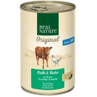 Produktbild von REAL NATURE Hund Nassfutter Junior Kalb und Huhn ohne Zucker und Aromastoffe 24x400 g - 24 x 400 g