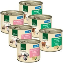 REAL NATURE Hund Nassfutter Junior Mixpaket mit Kalb Huhn Kaninchen und Pute 6x200 g Dose ohne Zusatzstoffe - 6 x 200 g – Bild 1 von 2