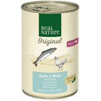 Produktbild von REAL NATURE Nassfutter für Katzen Adult Lachs und Huhn ohne Zucker und Aromastoffe 12x400 g - 12 x 400 g