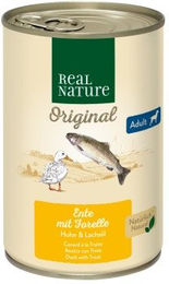 Produktbild von REAL NATURE Nassfutter Hund Adult Ente mit Forelle für Haut & Fell 24x400 g ohne Farb-, Aroma- oder Konservierungsstoffe und ohne Zucker - 24 x 400 g