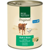 Produktbild von REAL NATURE Nassfutter Hund Junior Kalb und Huhn ohne Zucker und Aromastoffe 24x800 g - 24 x 800 g