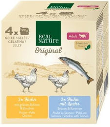 Produktbild von REAL NATURE Original Nassfutter Katze Adult Huhn und Lachs Stückchen in Gelee 4x100 g - 4 x 100 g