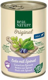 Produktbild von REAL NATURE Superfood Nassfutter Hund Adult Ente mit Spinat ohne Zusatz von Farbstoffen Aromastoffen Konservierungsstoffen oder Zucker 24x400 g - 24 x 400 g