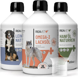 ReaVET Barf Öl Set für Hunde mit Lachsöl, 3x500 ml, Bio Haut-Fell-Supplement ohne Zusatzstoffe - 3 x 500 ml – Bild 1 von 2