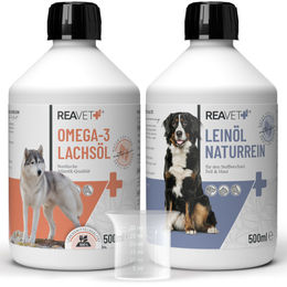 REAVET Barf Öl Set für Hunde und Katzen mit Lachsöl und Leinöl 2x500ml ohne Farb- und Aromastoffe sowie Konservierungsstoffe zur Unterstützung von Haut, Fell und Gelenken - 2 x 500 ml – Bild 1 von 6