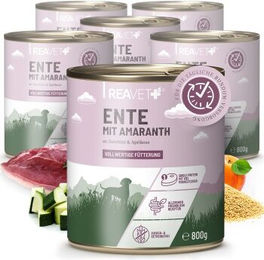 REAVET Hundefutter Ente mit Amaranth an Zucchini und Aprikose Stückchen in Sauce getreidefrei 6x800 g – Bild 1 von 3