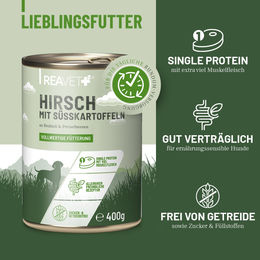 REAVET Hundefutter Nass Hirsch mit Süßkartoffel Adult Stückchen in Sauce 6x800g getreidefrei - 6 x 800 g – Bild 1 von 4
