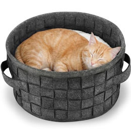 REAVET Samtpfoten-Nest Katzenbett aus Filz mit Komfortkissen Grau Größe S – Bild 1 von 13