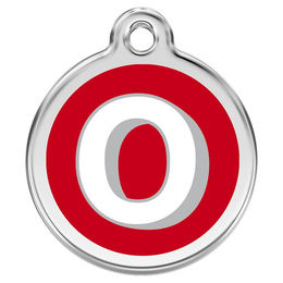 Produktbild von Red Dingo Hundemarke aus Edelstahl mit individueller Gravur Buchstabe O in Rot Größe S