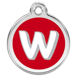 Produktbild von Red Dingo Hundemarke aus Edelstahl mit individueller Gravur Buchstabe W in Rot Größe M
