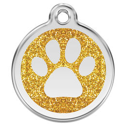 Produktbild von Red Dingo Hundemarke aus Edelstahl mit individueller Gravur Glitzer Pfotenabdruck Gold Größe L