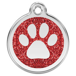 Produktbild von Red Dingo Hundemarke aus Edelstahl mit individueller Gravur Glitzer Pfotenabdruck Rot Größe M