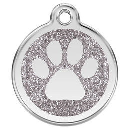 Produktbild von Red Dingo Hundemarke aus Edelstahl mit individueller Gravur Glitzer Pfotenabdruck Silber Größe M