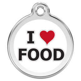 Produktbild von Red Dingo Hundemarke aus Edelstahl mit individueller Gravur I love Food Weiß Größe M