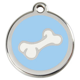 Produktbild von RedDingo Hundemarke aus Edelstahl in Form eines Cartoon Knochens Blau Größe S mit individueller Gravur - 7 g