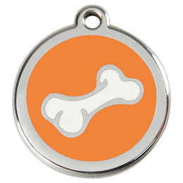 Produktbild von RedDingo Hundemarke aus Edelstahl in Form eines Cartoon Knochens Orange Größe M mit individueller Gravur
