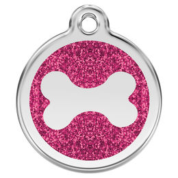Produktbild von RedDingo Hundemarke aus Edelstahl in Form eines Glitzer-Knochens Rosa Größe L mit individueller Gravur