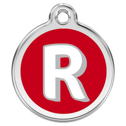 Produktbild von RedDingo Hundemarke aus Edelstahl mit individueller Gravur Buchstabe R in Rot Größe M