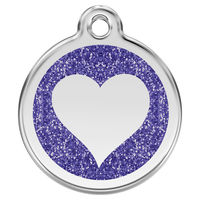 Produktbild von RedDingo Hundemarke aus Edelstahl mit individueller Gravur Glitzer Herz Blau oder Lila Größe M