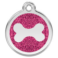 Produktbild von RedDingo Hundemarke aus Edelstahl mit individueller Gravur Glitzer Knochen in Rosa Größe M