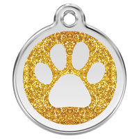 Produktbild von RedDingo Hundemarke aus Edelstahl mit individueller Gravur Glitzer Pfotenabdruck Gold