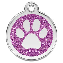 Produktbild von RedDingo Hundemarke aus Edelstahl mit individueller Gravur Glitzer Pfotenabdruck Lila