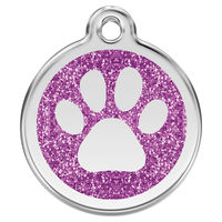 Produktbild von RedDingo Hundemarke aus Edelstahl mit individueller Gravur Glitzer Pfotenabdruck Lila Größe L