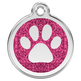 Produktbild von RedDingo Hundemarke aus Edelstahl mit individueller Gravur Glitzer Pfotenabdruck Rosa Größe S