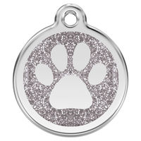 Produktbild von RedDingo Hundemarke aus Edelstahl mit individueller Gravur Glitzer Pfotenabdruck Silber