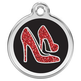 Produktbild von RedDingo Hundemarke aus Edelstahl mit individueller Gravur Glitzer roter Schuh Schwarz