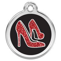Produktbild von RedDingo Hundemarke aus Edelstahl mit individueller Gravur Glitzer roter Schuh Schwarz Größe S