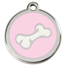 Produktbild von RedDingo Hundemarke aus Edelstahl mit individueller Gravur in Form eines Cartoon Knochens Rosa Größe M