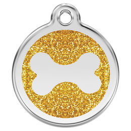 Produktbild von RedDingo Hundemarke aus Edelstahl mit individueller Gravur in Form eines Glitzer-Knochens Gold Größe L