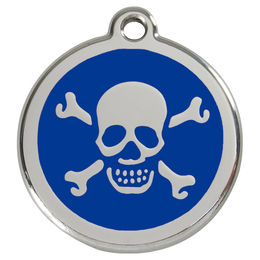 Produktbild von RedDingo Hundemarke aus Edelstahl mit individueller Gravur Totenkopf mit gekreuzten Knochen in Blau Größe M