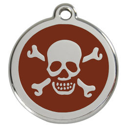 Produktbild von RedDingo Hundemarke aus Edelstahl mit individueller Gravur Totenkopf mit gekreuzten Knochen in Braun