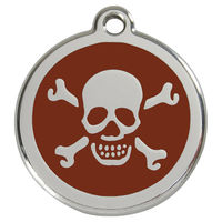 Produktbild von RedDingo Hundemarke aus Edelstahl mit individueller Gravur Totenkopf mit gekreuzten Knochen in Braun Größe S - 7 g