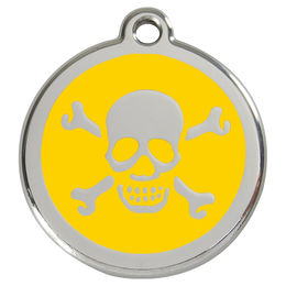 Produktbild von RedDingo Hundemarke aus Edelstahl mit individueller Gravur Totenkopf mit gekreuzten Knochen in Gelb