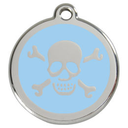 Produktbild von RedDingo Hundemarke aus Edelstahl mit individueller Gravur Totenkopf mit gekreuzten Knochen in Hellblau Größe L