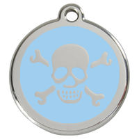 Produktbild von RedDingo Hundemarke aus Edelstahl mit individueller Gravur Totenkopf mit gekreuzten Knochen in Hellblau Größe L