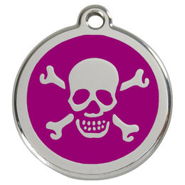 Produktbild von RedDingo Hundemarke aus Edelstahl mit individueller Gravur Totenkopf mit gekreuzten Knochen in Lila