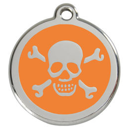 Produktbild von RedDingo Hundemarke aus Edelstahl mit individueller Gravur Totenkopf mit gekreuzten Knochen in Orange Größe S