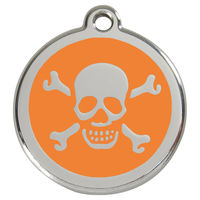 Produktbild von RedDingo Hundemarke aus Edelstahl mit individueller Gravur Totenkopf mit gekreuzten Knochen in Orange Größe S