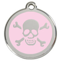 Produktbild von RedDingo Hundemarke aus Edelstahl mit individueller Gravur Totenkopf mit gekreuzten Knochen in Rosa
