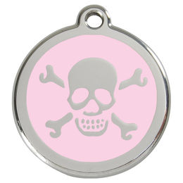 Produktbild von RedDingo Hundemarke aus Edelstahl mit individueller Gravur Totenkopf mit gekreuzten Knochen in Rosa Größe L - 24,7 g