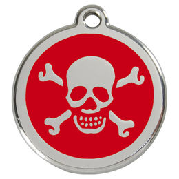 Produktbild von RedDingo Hundemarke aus Edelstahl mit individueller Gravur Totenkopf mit gekreuzten Knochen in Rot Größe S - 7 g