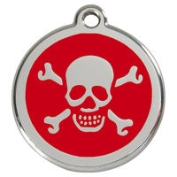 Produktbild von RedDingo Hundemarke aus Edelstahl mit individueller Gravur Totenkopf mit gekreuzten Knochen in Rot Größe S - 7 g