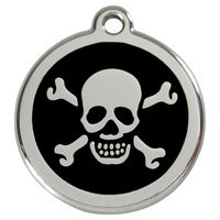 Produktbild von RedDingo Hundemarke aus Edelstahl mit individueller Gravur Totenkopf mit gekreuzten Knochen in Schwarz